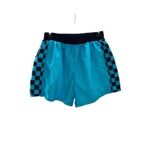 Sunset Beach by Catalina Turquoise Black Checkerboard Nylon Shorts 80's 90's S M